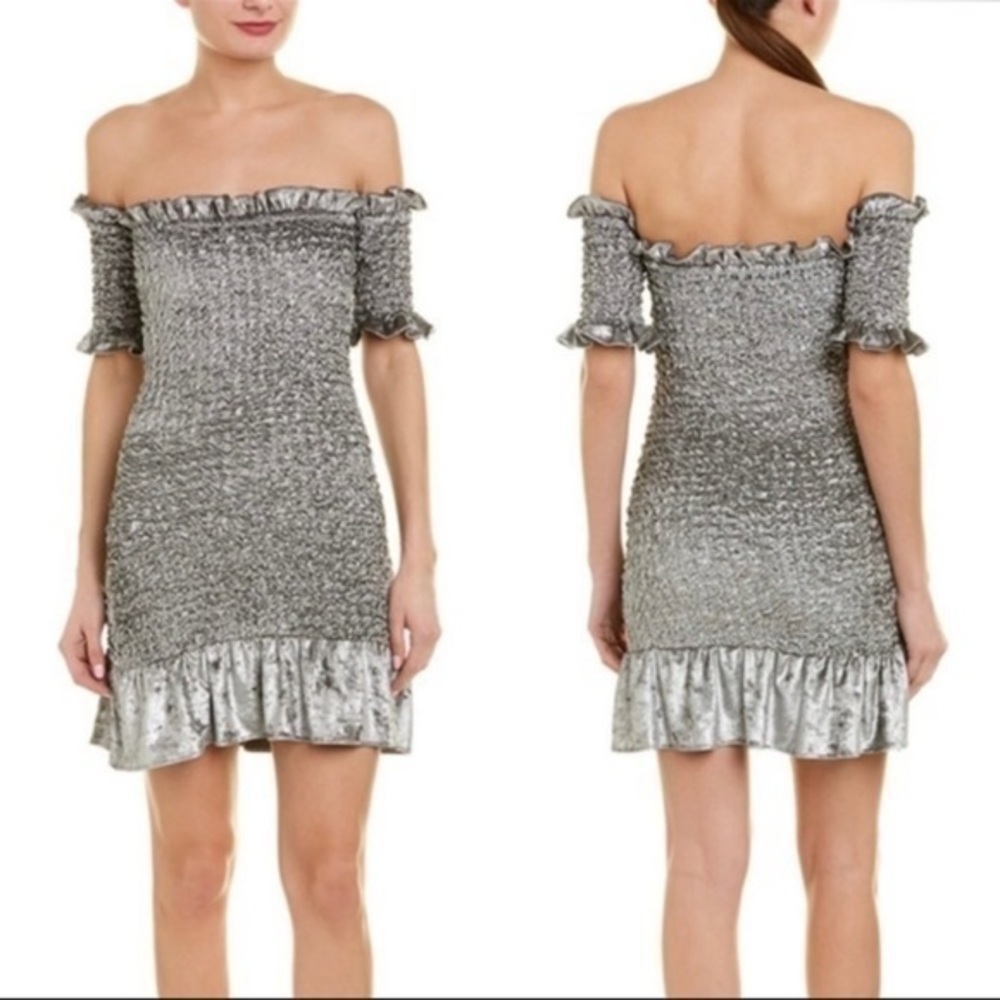 Petersyn Steele color Benson Dress Smocked Ruffled Hem Off Shoulder Size XS NWT